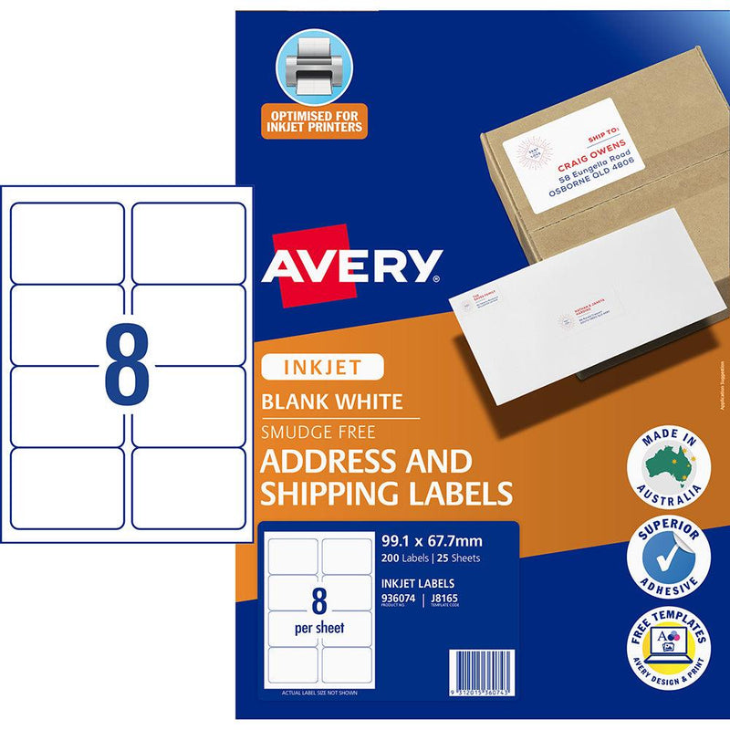 Avery Label J8165-25 Inkjet 8up 25 Sheets 99x67mm - Office Connect 2018