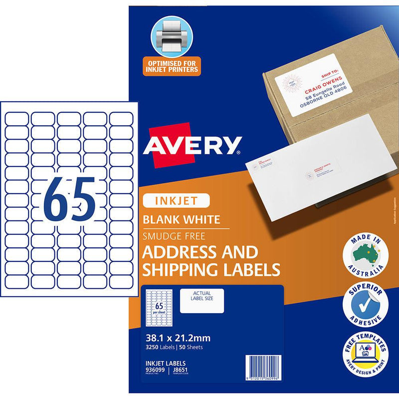 Avery Label J8651-50 Inkjet 65up 50 Sheets 38x21mm - Office Connect 2018