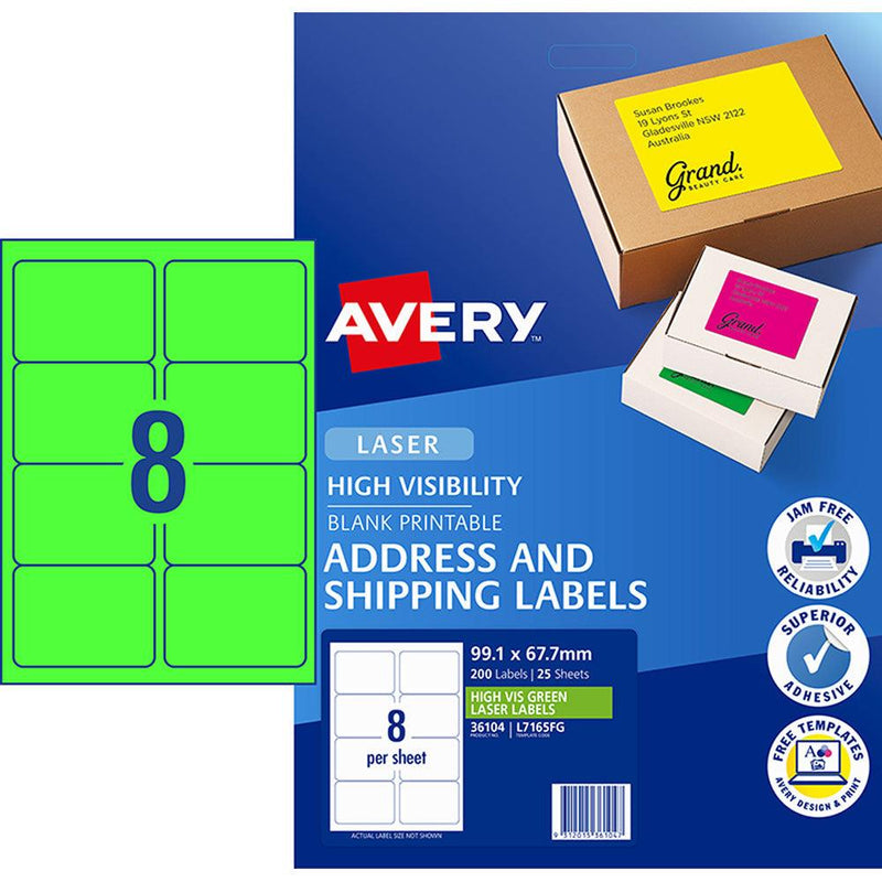 Avery Shipping Label L7165FG Fluoro Green 99.1x67.7mm 8up 25 Sheets - Office Connect 2018