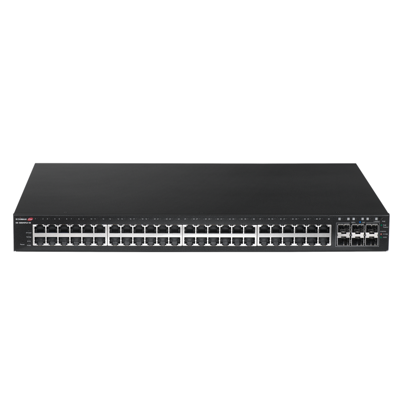 EDIMAX 54-Port Gigabit PoE+ Long Range Web Smart Switch. 48 Gigabit Ethernet PoE+ Ports and 6 10GbE SFP+ Ports. PoE up to 200m at 10Mps. Supports up to 30W per Port.