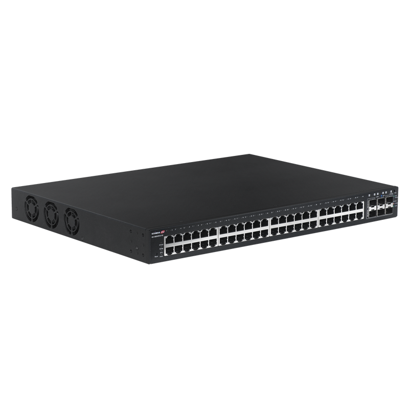 EDIMAX 54-Port Gigabit PoE+ Long Range Web Smart Switch. 48 Gigabit Ethernet PoE+ Ports and 6 10GbE SFP+ Ports. PoE up to 200m at 10Mps. Supports up to 30W per Port.