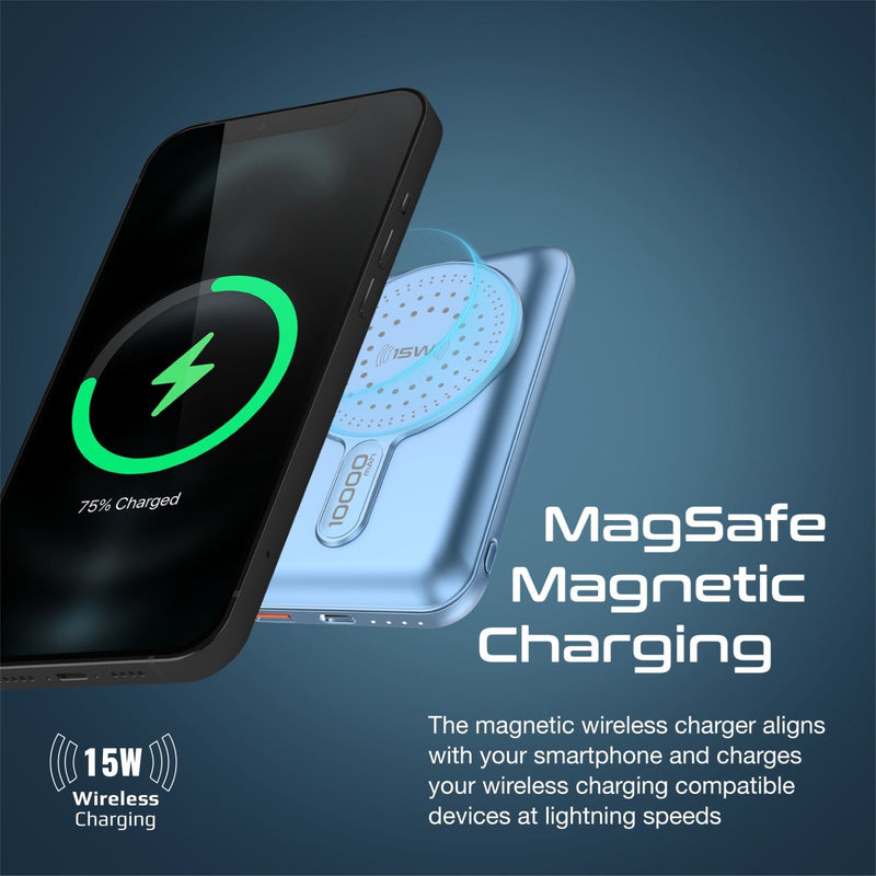 PROMATE 10000mAh Magnetic Qi 15W Wireless Charging Power Bank. USB-C Input, USB-C (20W PD) & USB-A Ports. MagSafe Case Compatible. Portrait/Landscape Kick Stand. Multi Device Charging. Blue