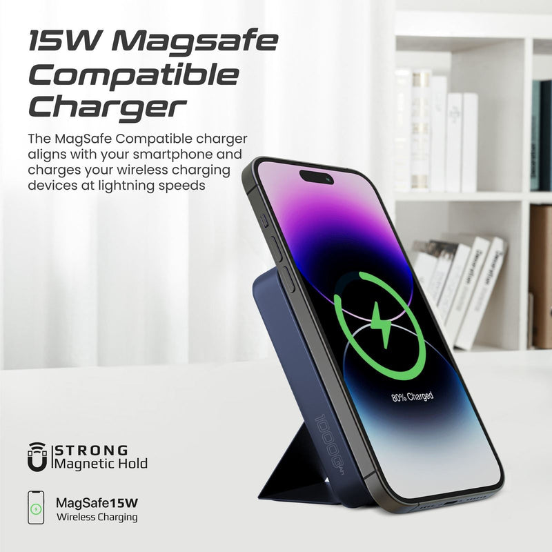 PROMATE 10000mAh Dual Charging Magsafe Wireless PowerBank. Perfect for iPhone, Watch, Airpods. 15W Magsafe Charger. 2.5W Apple Watch Charger. USB-C Port. 20W PD. Slim & Compact. Blue Colour.