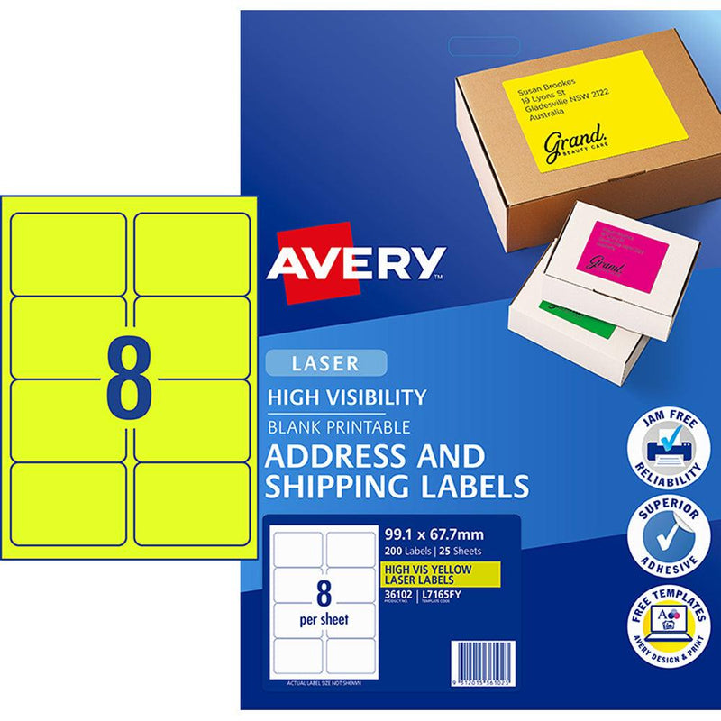 Avery Shipping Label L7165FY Fluoro Yellow 99.1x67.7mm 8up 25 Sheets - Office Connect 2018