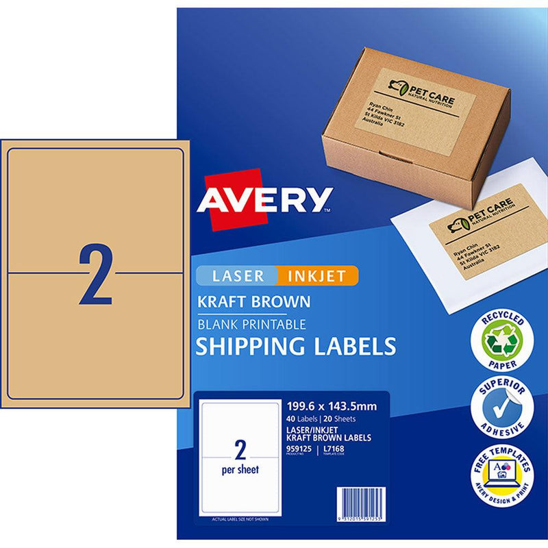 Avery Shipping Labels L7168 Brown Kraft 199.6x143.5mm 2up 20 Sheets - Office Connect 2018