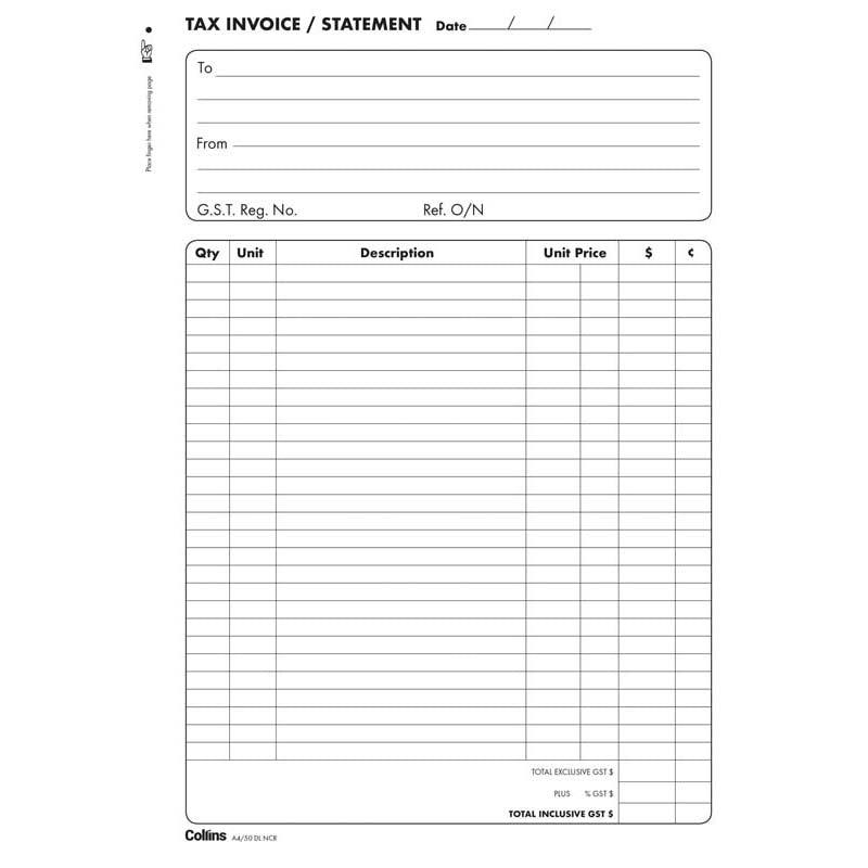 Collins Tax Invoice A4/50DL Duplicate No Carbon Required - Office Connect 2018