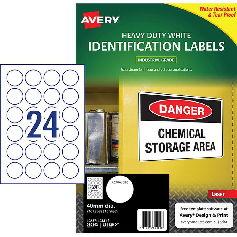 Avery Heavy Duty ID Label L6112 White Laser 40mm 24up 10 Sheets - Office Connect 2018