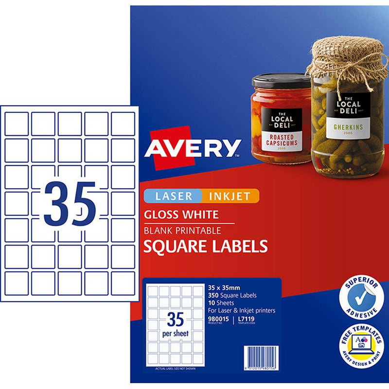 Avery Label L7119 Square White Glossy 35up 10 Sheets 35x35mm - Office Connect 2018