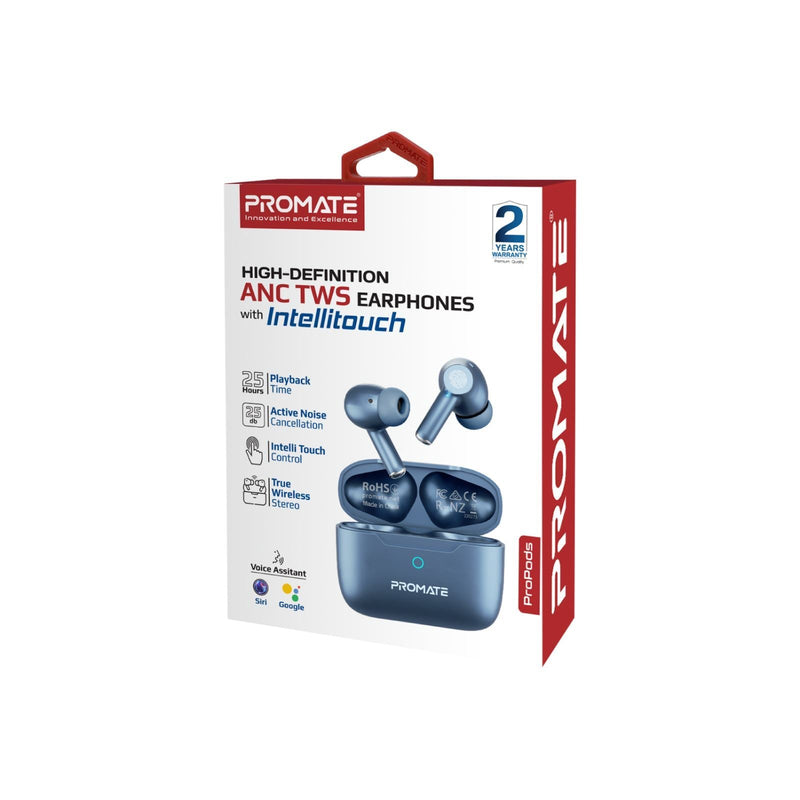 PROMATE In-Ear HD Bluetooth Earbud with Intellitouch and 400mAh Charging Case. Built-in Microphones and Noise Isolation. Up to 5 Hours Playback. Operating Distance 10m Blue