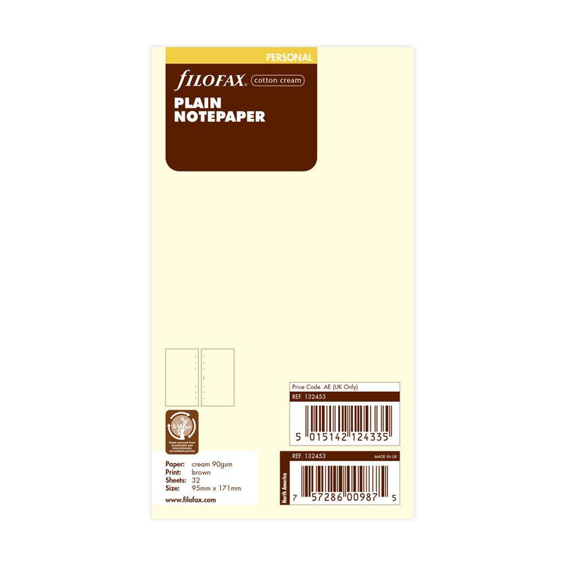 Filofax Personal Cream Plain Notepaper Refill - Office Connect 2018