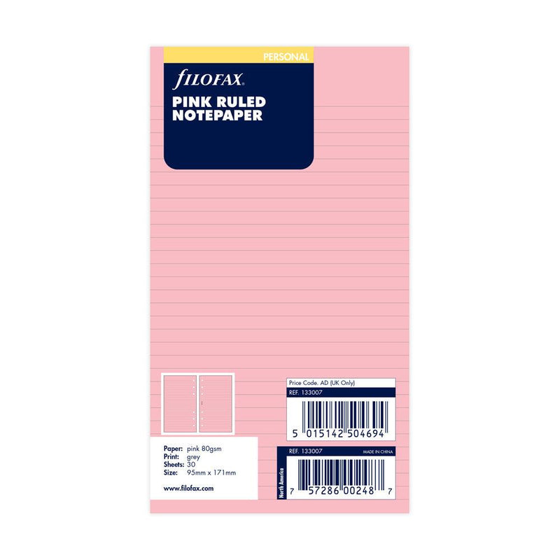 Filofax Personal Pink Lined Notepaper Refill 30 Sheets - Office Connect 2018