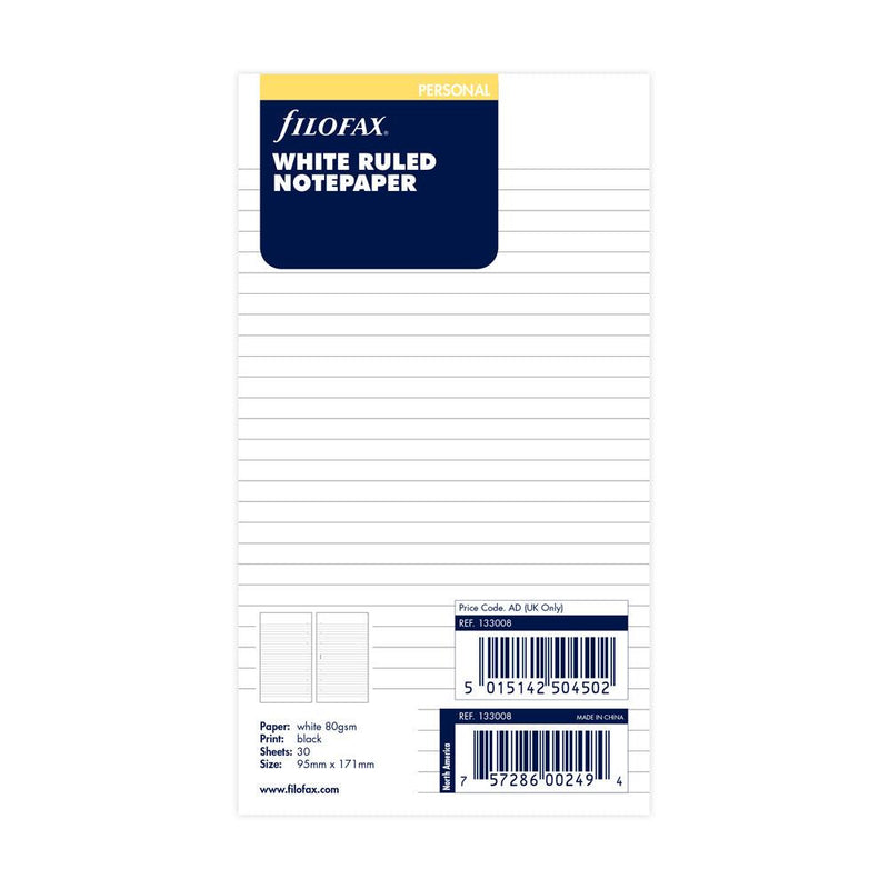 Filofax Personal White Lined Notepaper Refill 30 Sheets - Office Connect 2018