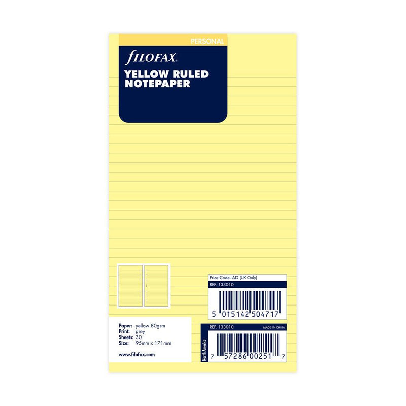 Filofax Personal Yellow Lined Notepaper Refill 30 Sheets - Office Connect 2018