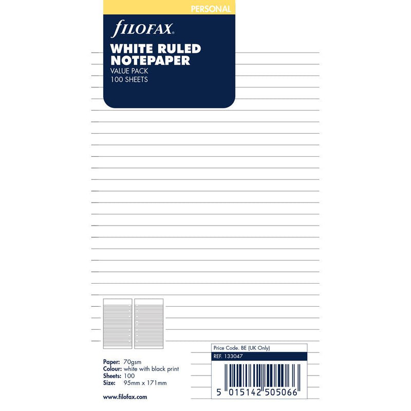 Filofax Personal White Lined Notepaper Refill Value Pack 100 Sheets - Office Connect 2018