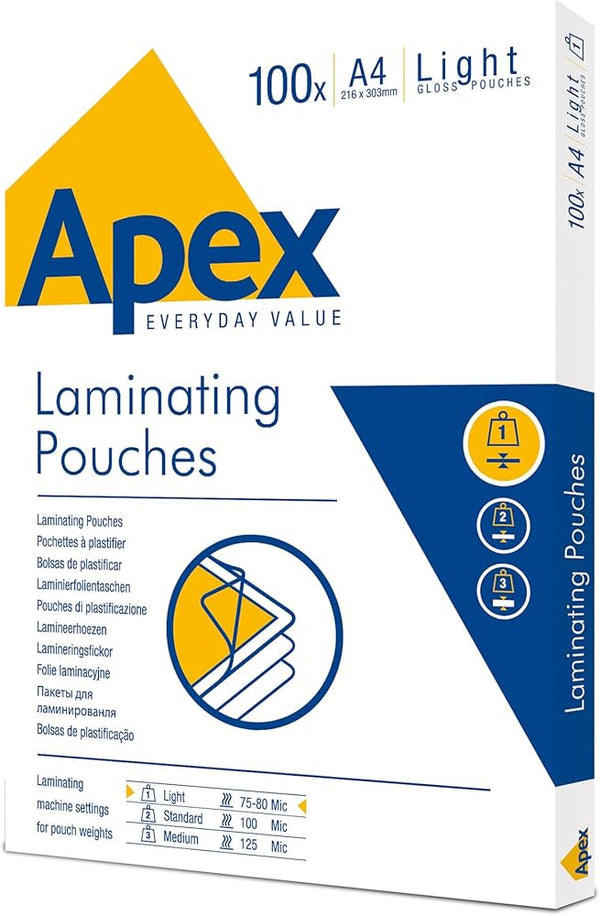 Apex laminating pouches , 200 x A4 216 x 303mm , light gloss pouches - Office Connect 2018