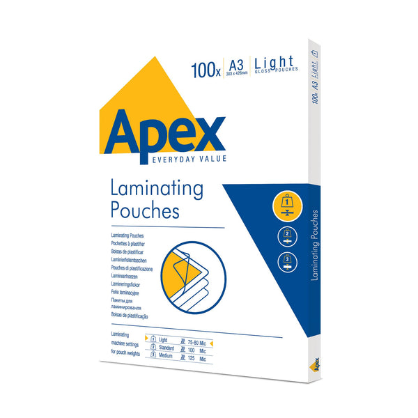 Apex laminating pouches 100x A3 (303 x 426mm) light gloss pouches - Office Connect 2018