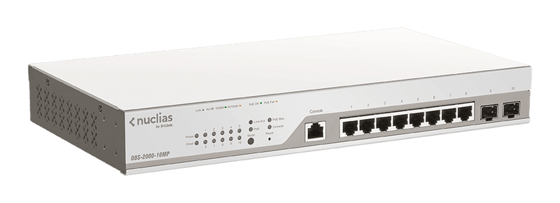 10-PORT GIGABIT NUCLIAS CLOUD MANAGED POE SWITCH WITH 8 POE RJ45 AND 2 SFP PORTS. POE BUDGET 130 WATTS. - Office Connect 2018