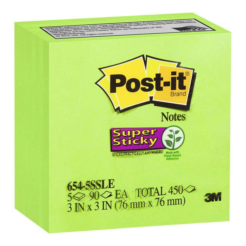 Post-it Super Sticky Notes 654-5SSLE Limeade 76x76mm 90 sheet pads Pkt/5 - Office Connect