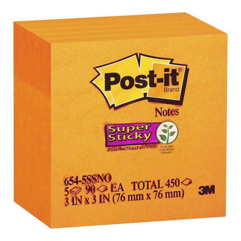 Post-it Super Sticky Notes 654-5SSNO Neon Orange 76x76mm 90 sheet pads Pkt/5 - Office Connect