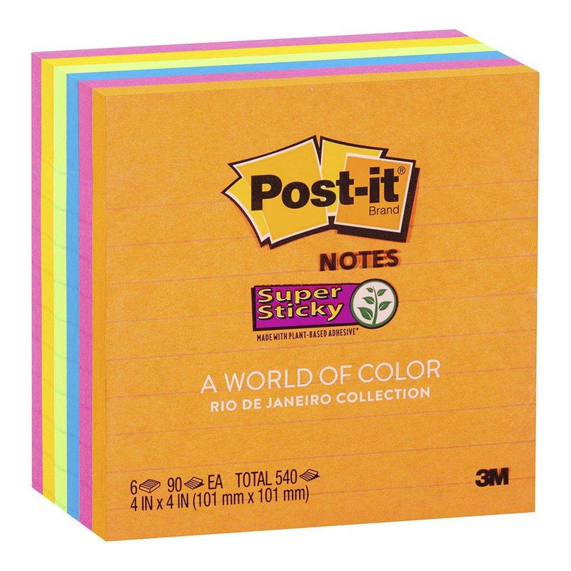 Post-it Super Sticky Lined Notes 675-6SSUC Rio De Janiero 101x101mm 90 sheet pads Pkt/6 - Office Connect