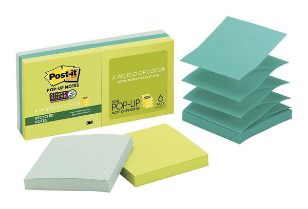 Post-it Recycled Super Sticky Pop-Up Note Refills R330-6SST Bora Bora 76x76mm 90 sheet pads Pkt/6 - Office Connect
