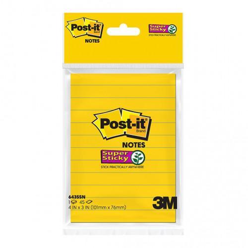 Post-it Super Sticky Lined Notes 643SSN-HB Ultra Yellow 101mm x 76mm Retail Pk/45 Sheets - Office Connect