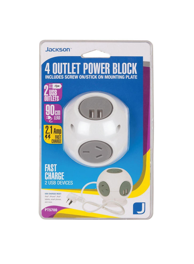 JACKSON 0.9m 4-way mountable power block. 2x USB-A - Office Connect