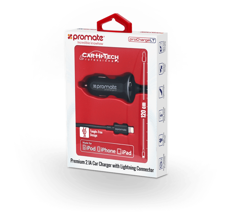 PROMATE 1.2m MFi Certified 2.1A Car Charger with Lightning - Office Connect