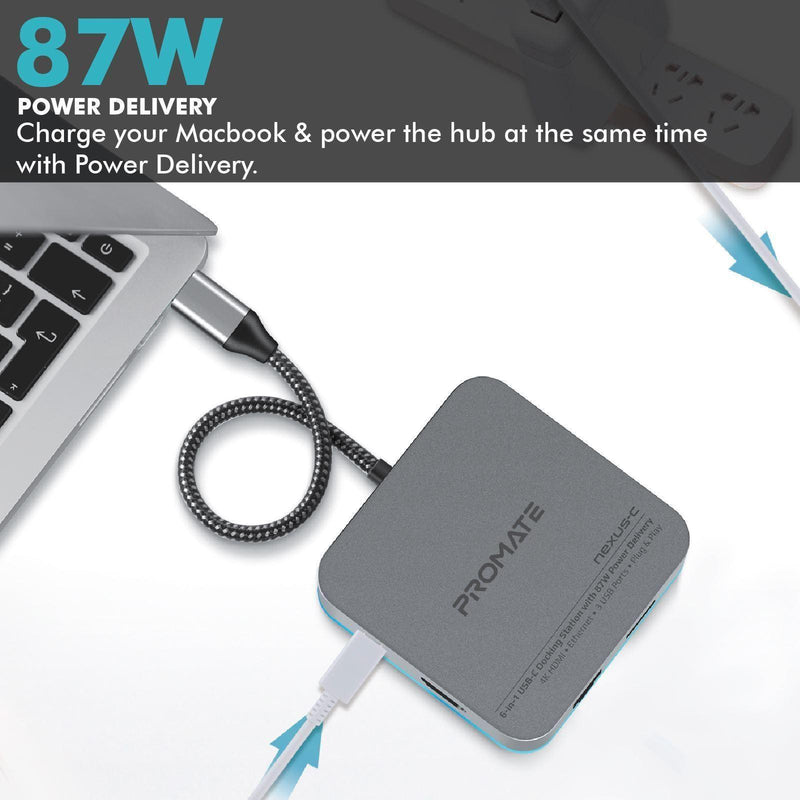 PROMATE 6-in-1 USB-C Docking Station with 87W Power - Office Connect