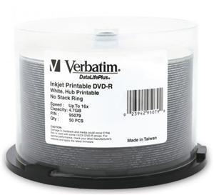 Verbatim DVD-R 4.7GB 16x White Wide Inkjet Printable 50pk on Spindle - Office Connect