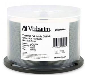 Verbatim DVD-R 4.7GB 16x Wht Wide Thermal Printable 50 Pack on Spindle - Office Connect