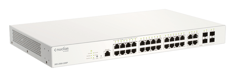 28-PORT GIGABIT NUCLIAS CLOUD MANAGED POE SWITCH WITH 28 RJ45 (24 POE) AND 4 COMBO SFP PORTS. POE BUDGET 370 WATTS. - Office Connect 2018