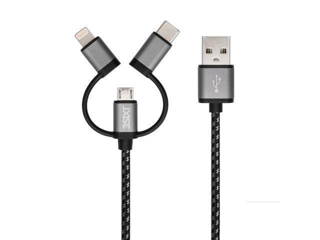 3sixT BLACK Cable - USB-A to Lightning/MicroUSB/USB-C - 1m - Office Connect 2018
