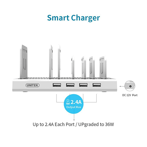 UNITEK 36W 4 Port USB Smart Charging Station. Max - Office Connect