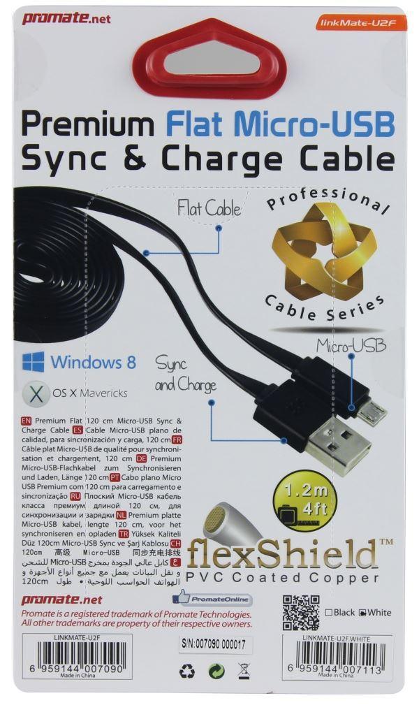 PROMATE 1.2m Micro-USB to USB cable. Premium flat - Office Connect