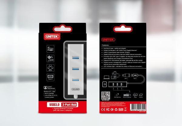 UNITEK USB-A 3.0 3-Port Hub with 1x Gigabit Ethernet - Office Connect