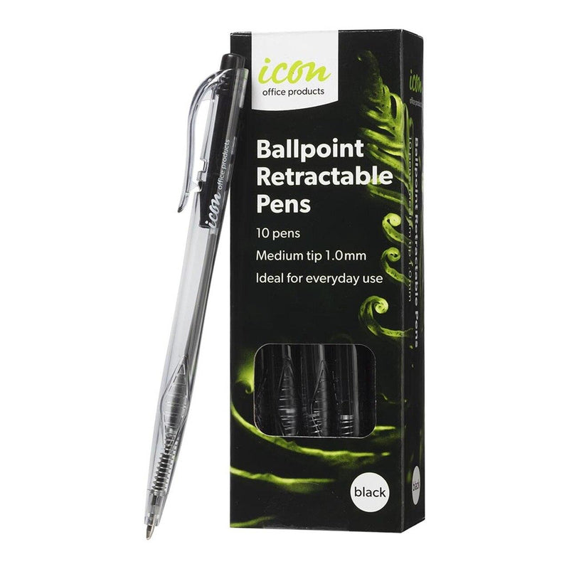 Icon Ballpoint Retractable Pens Medium Black Pack 10 - Office Connect