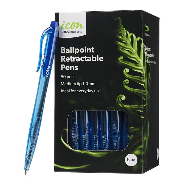 Icon Ballpoint Retractable Pens Medium Blue Pack 50 - Office Connect