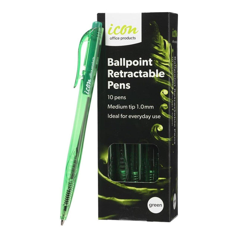 Icon Ballpoint Retractable Pens Medium Green Pack 10 - Office Connect