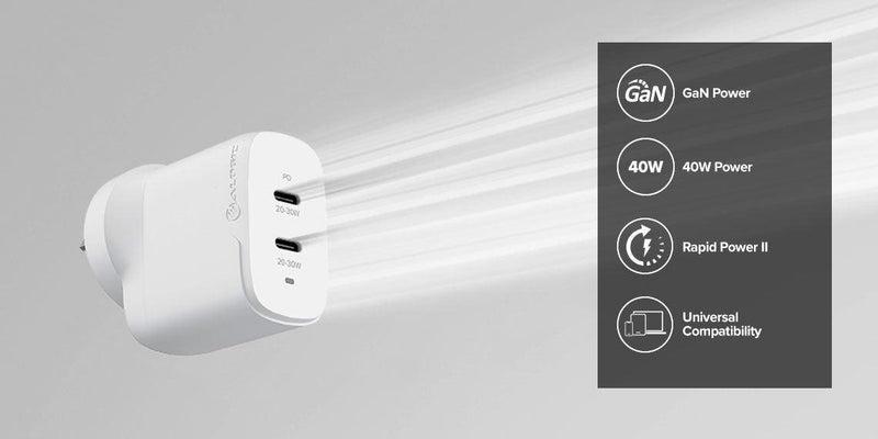 ALOGIC 2X40 RAPID POWER 40W GAN CHARGER - USB-C (20W) + USB-C (20W) - Office Connect 2018