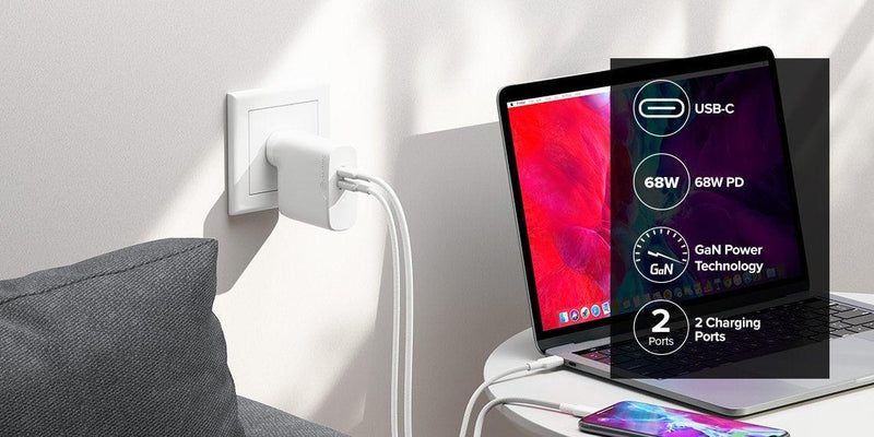 ALOGIC 2X68 RAPID POWER 2 PORT 68W GAN CHARGER USB-C (50W) + USB-C (MAX. 18) INCLUDES 2M USB-C CHARGING CABLE - Office Connect 2018