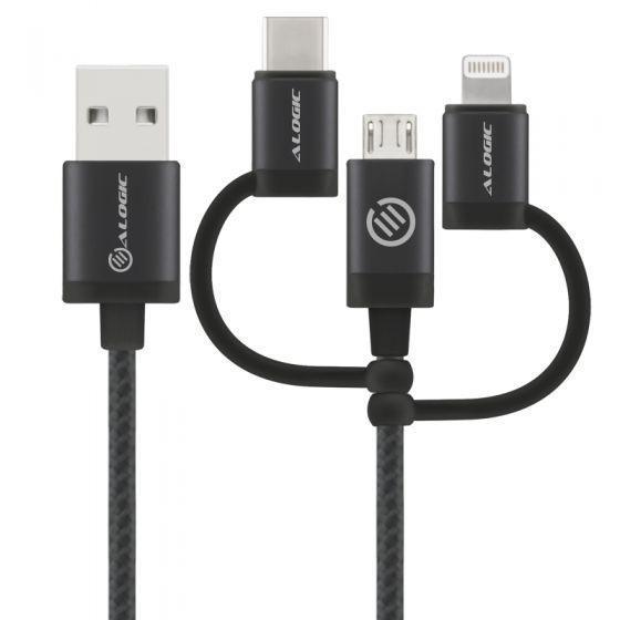 ALOGIC 3 IN 1 RUGGED CHARGE AND SYNC CABLE MICRO USB LIGHTING AND USB-C 30CM - JET BLACK - Office Connect 2018