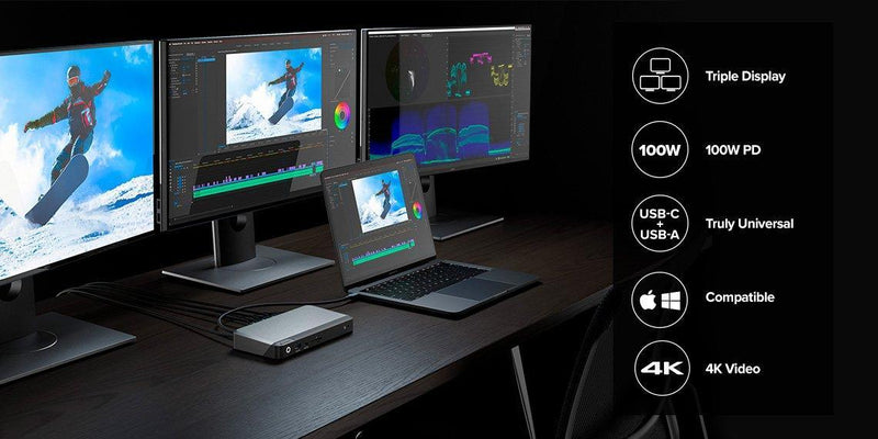 ALOGIC UNIVERSAL USB-C + USB-A TRIPLE 4K DOCKING STATION WITH 100W POWER DELIVERY-3 x DP 1 x USB-C 3 x USB-A 1 x 3.5 AUDIO JACK 1 x SD READER - Office Connect 2018